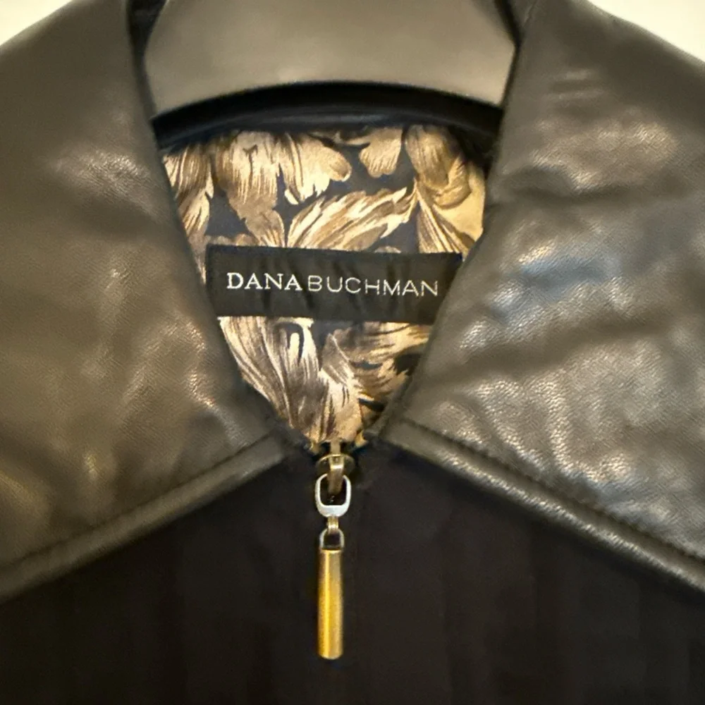 Dana Buchman Black Textured Genuine Leather Trim Collar Zip Up Mid Length Coat L